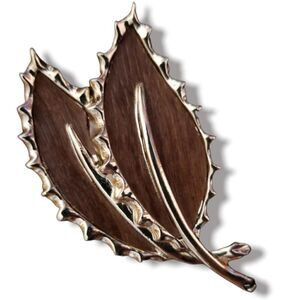 Signed Vintage Sarah Coventry Double Leaf Wood Inlay Brooch